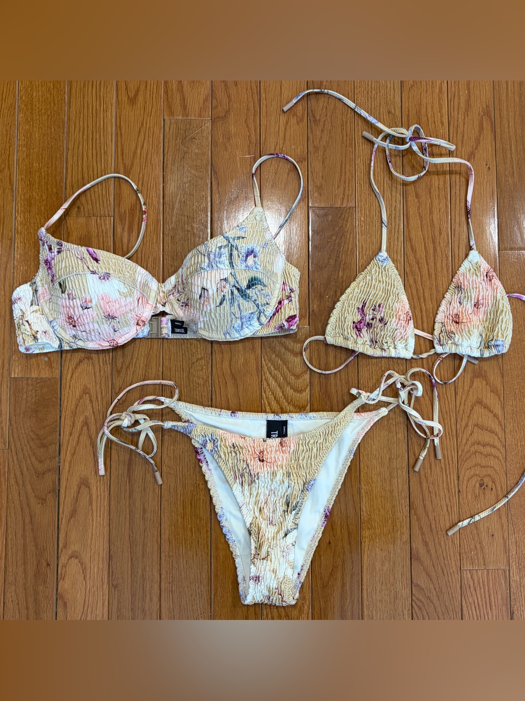 Triangl Floral Smocked 3 Piece Cream Bikini Set